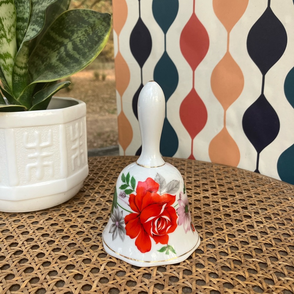 Porcelain Red Rose Floral Bell w/Gold Accents Vintage